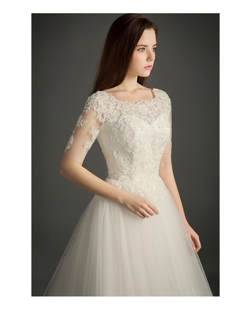 Romantic Ball-gown Scoop Neck Cathedral Train Tulle Wedding Dress With Sleeves