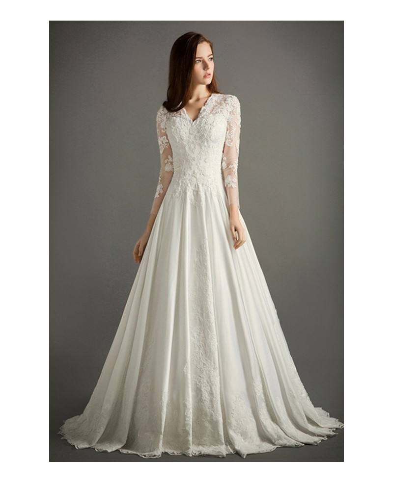 Classic A-line V-neck Cathedral Train Lace Satin Wedding Dress With Sleeves - Click Image to Close