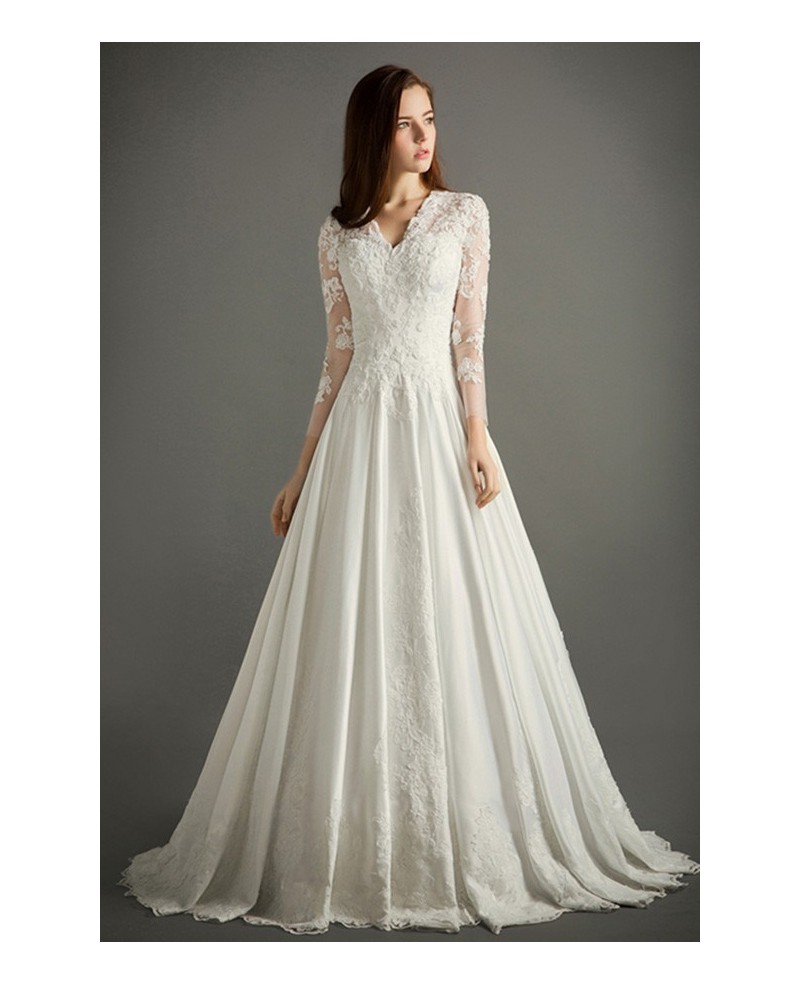 Classic A-line V-neck Cathedral Train Lace Satin Wedding Dress With Sleeves