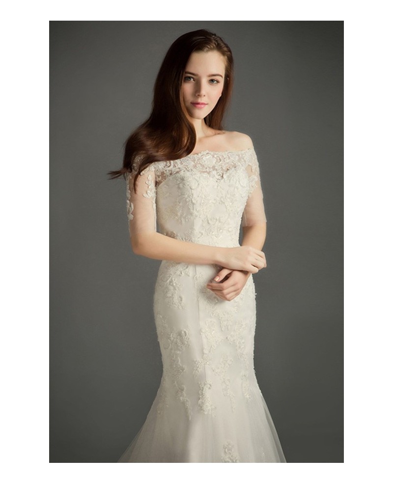 Classic Mermaid Off-the-shoulder Sweep Train Tulle Wedding Dress With Appliques Lace