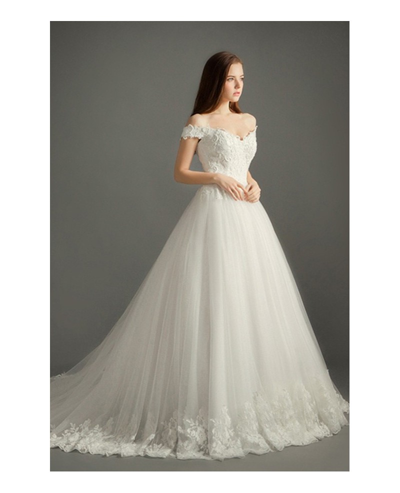 Luxury Ball-gown Off-the-shoulder Cathedral Train Tulle Wedding Dress