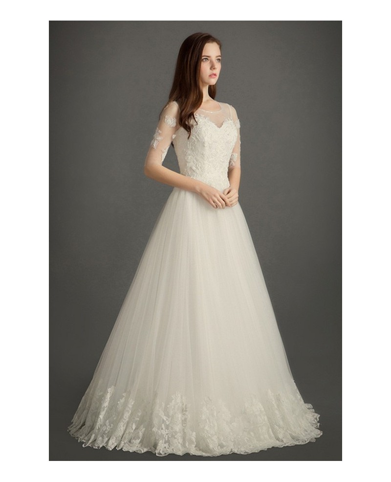 Modest A-line Scoop Neck Floor-length Tulle Wedding Dress With Appliques Lace