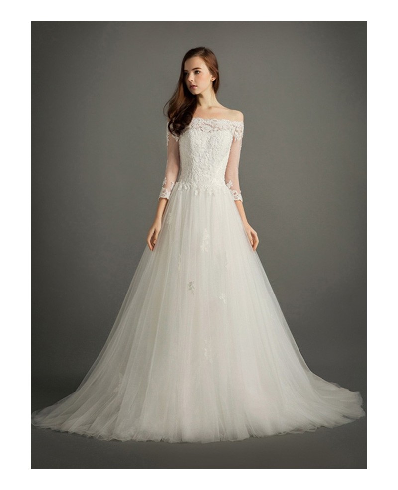 Elegant Ball-gown Off-the-shoulder Court Train Tulle Wedding Dress With Sleeves