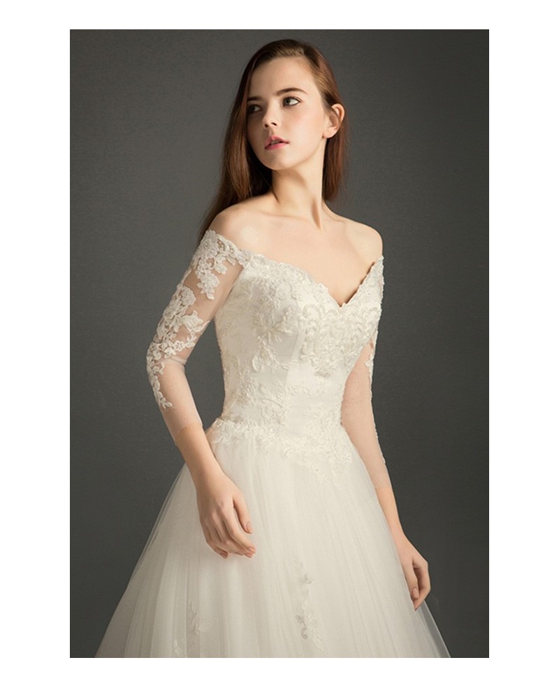 Feminine A-line V-neck Court Train Tulle Wedding Dress With Sleeves