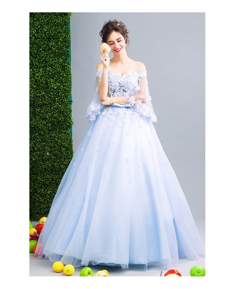 Blue Ball-gown Off-the-shoulder Floor-length Tulle Wedding Dress With Flowers