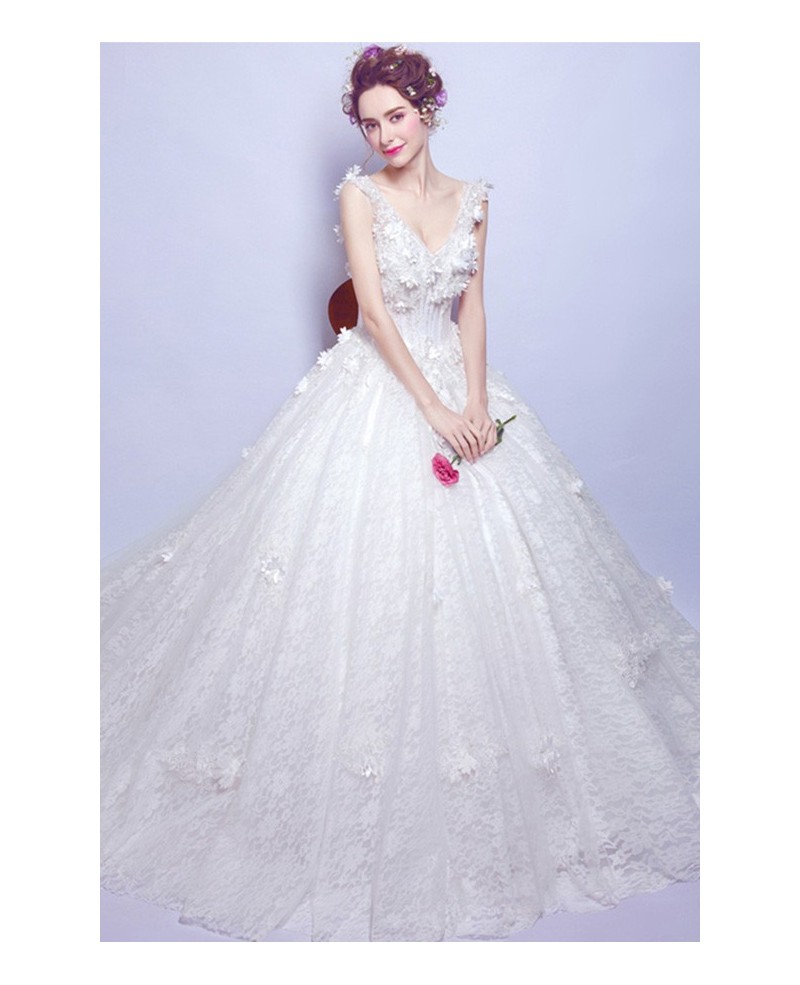 Dreamy Ball-gown V-neck Court Train Tulle Wedding Dress With Flowers