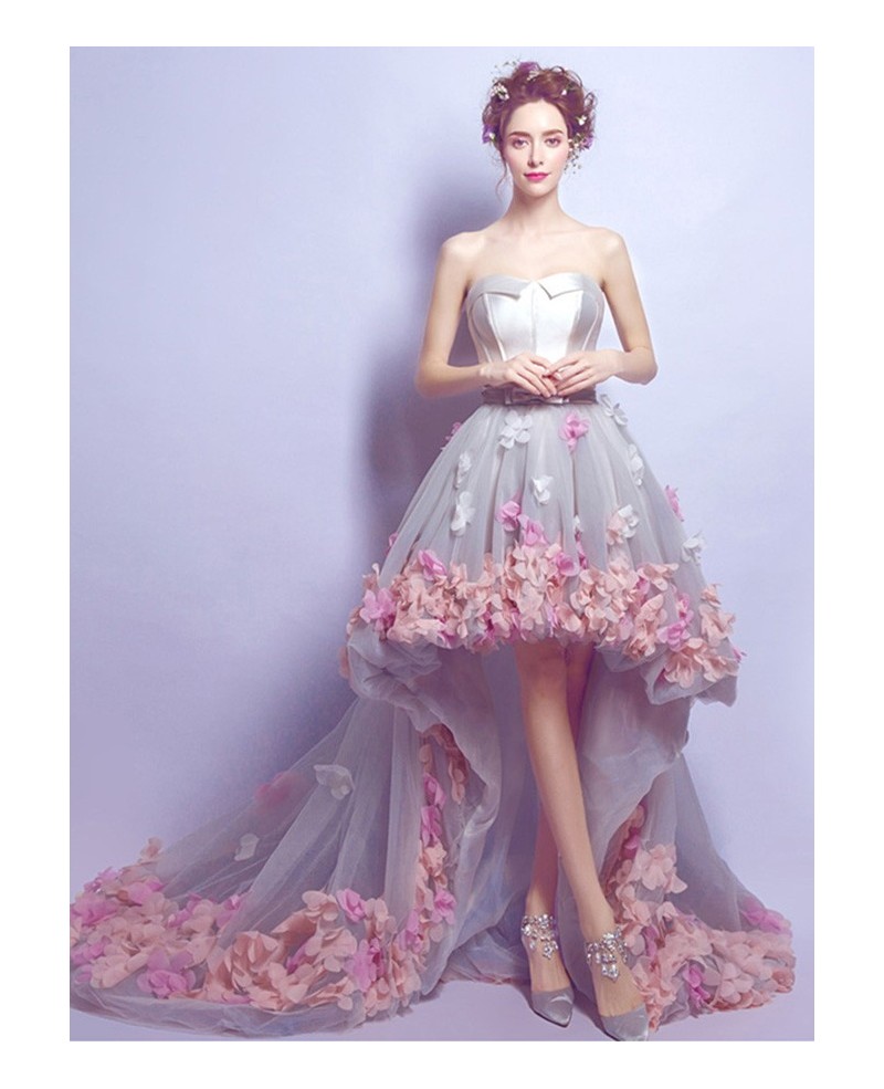 Dreamy High Low Sweetheart Tulle Wedding Dress With Flowers