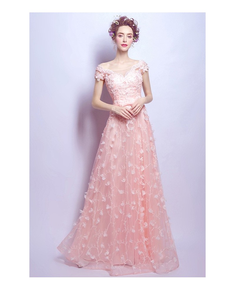 Blush A-line Scoop Neck Floor-length Tulle Wedding Dress With Appliques Lace