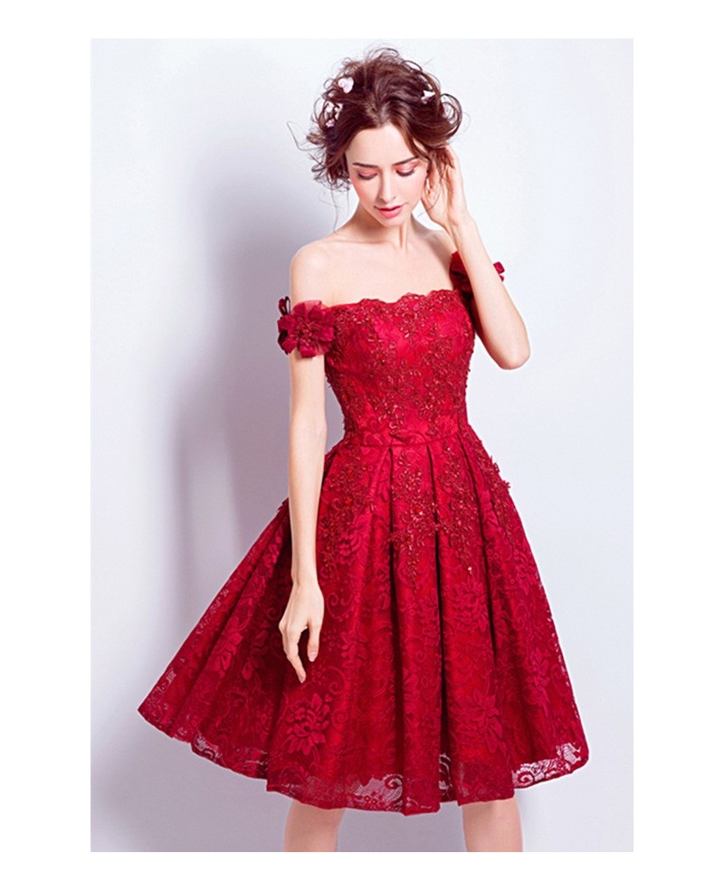Red A-line Off-the-shoulder Short Lace Wedding Dress With Beading - Click Image to Close