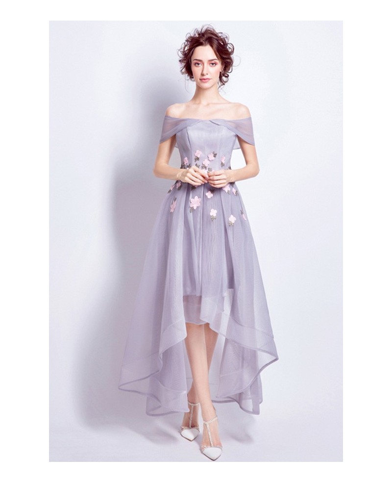 Lavender High Low Off-the-shoulder Tulle Wedding Dress With Flowers - Click Image to Close