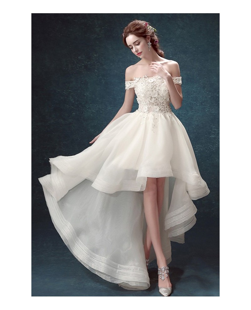 Chic High Low Off-the-shoulder Tulle Wedding Dress With Appliques Lace