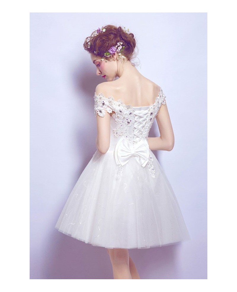 Sweet A-line Off-the-shoulder Short Tulle Wedding Dress With Beading