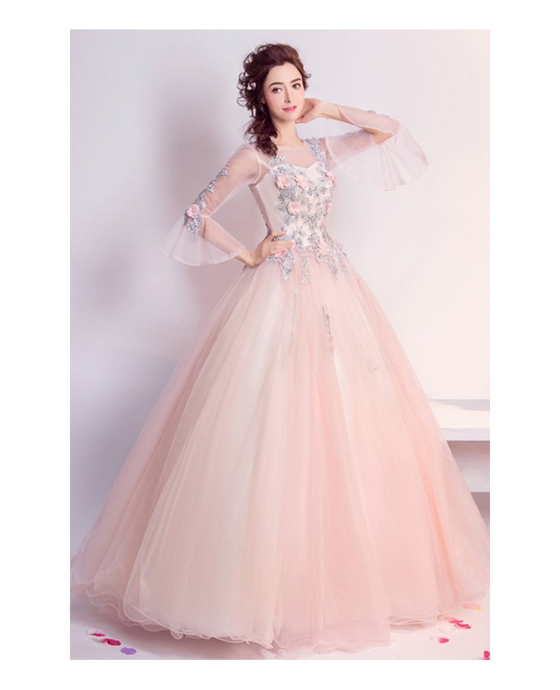 Pink Ball-gown Scoop Neck Floor-length Tulle Wedding Dress With Beading