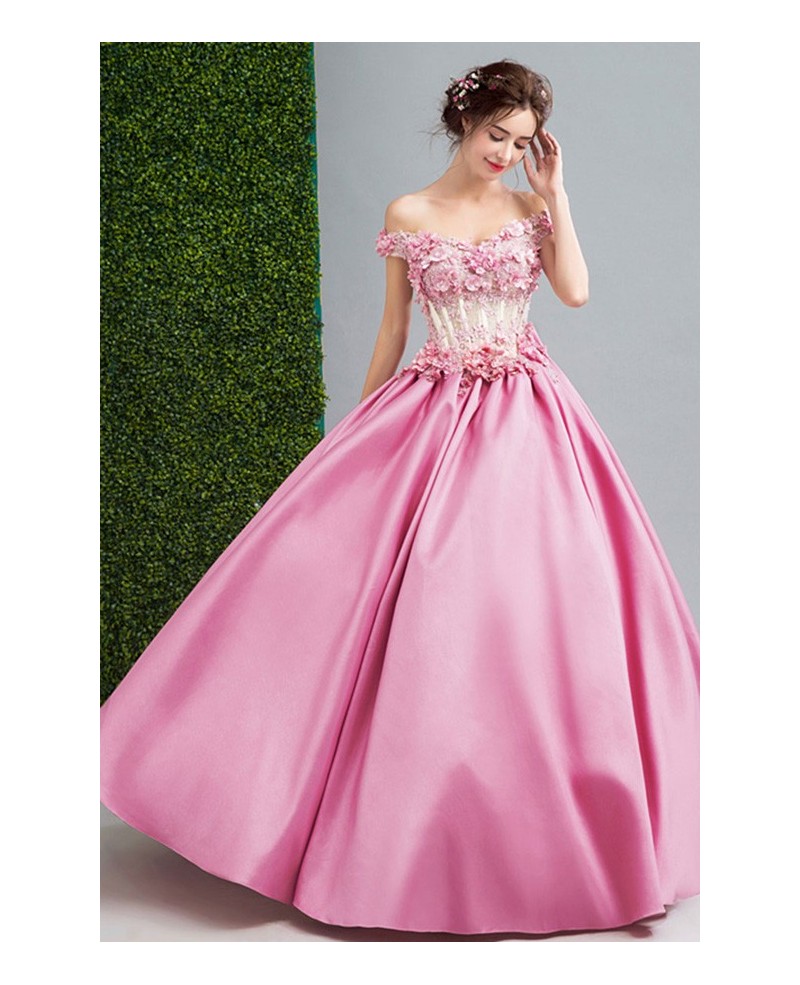 Pink Ball-gown Off-the-shoulder Floor-length Satin Wedding Dress With Beadi...