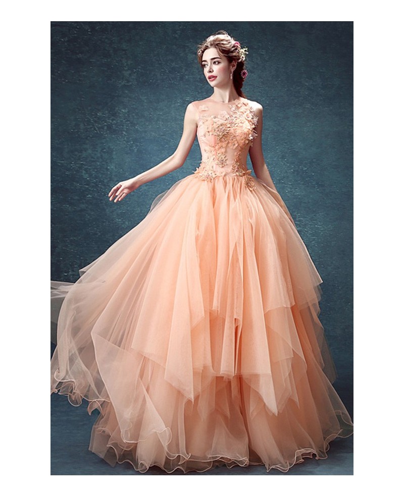 Peach Ball-gown High Neck Floor-length Tulle Wedding Dress With Flowers