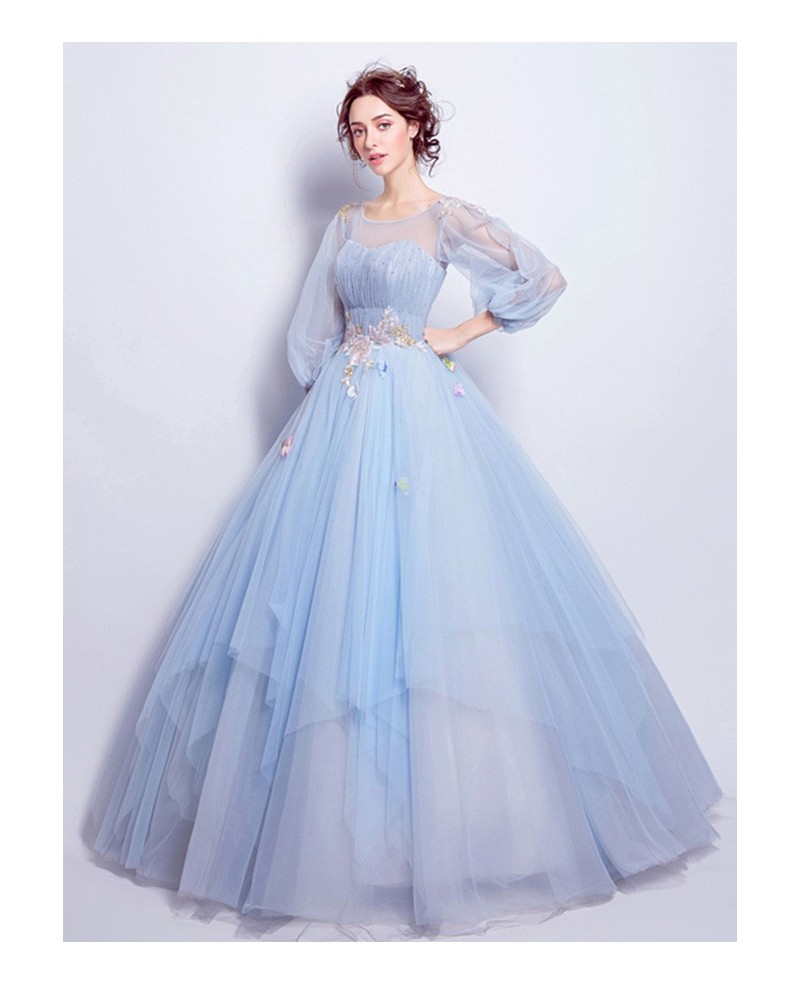 Blue Ball-gown Scoop Neck Floor-length Wedding Dress With Flowers