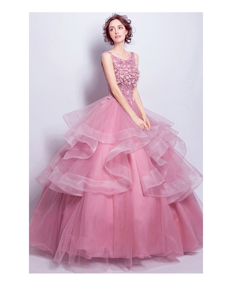 Pink Ball-gown Scoop Neck Floor-length Tulle Wedding Dress With Appliques Lace
