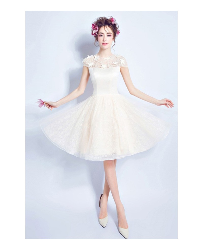 Champagne A-line High Neck Knee-length Tulle Wedding Dress With Flowers - Click Image to Close