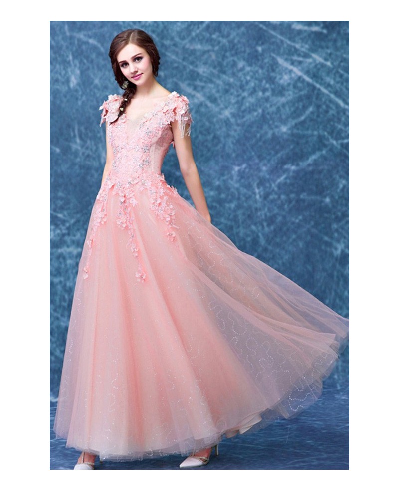 Pink A-line V-neck Floor-length Tulle Wedding Dress With Appliques Lace