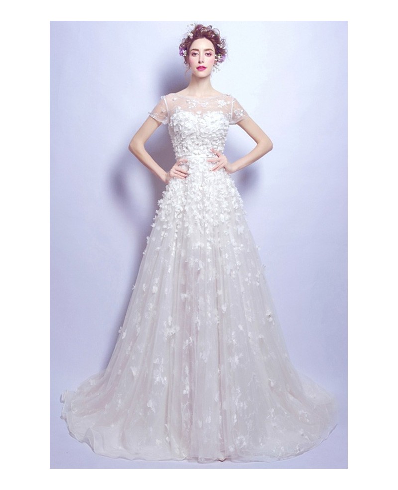 Gorgeous Ball-gown Scoop Neck Court Train Tulle Wedding Dress With Flowers