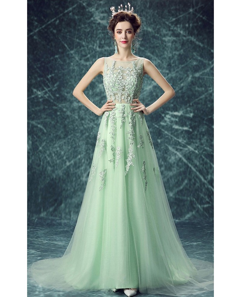 Green A-line Scoop Neck Floor-length Tulle Wedding Dress With Appliques Lace - Click Image to Close