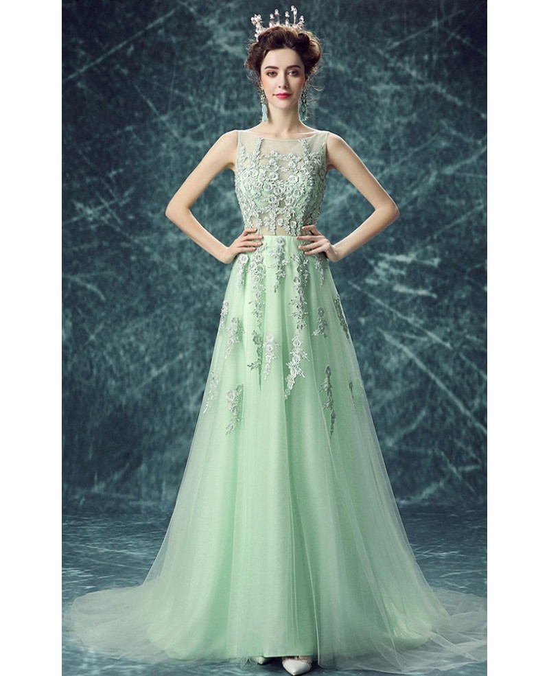 Green A-line Scoop Neck Floor-length Tulle Wedding Dress With Appliques Lace