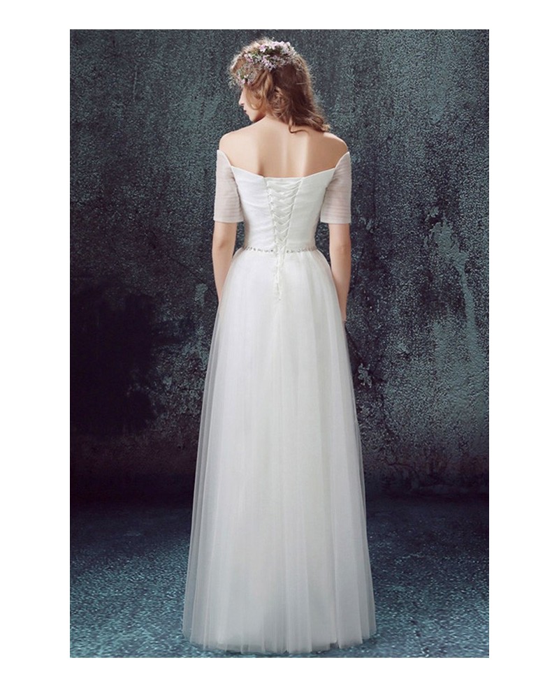 Simple A-line Off-the-shoulder Floor-length Tulle Wedding Dress With Sleeves - Click Image to Close