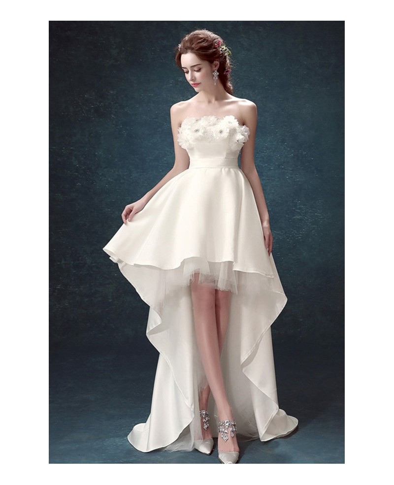 Simple A-line Strapless High Low Satin Wedding Dress With Flowers