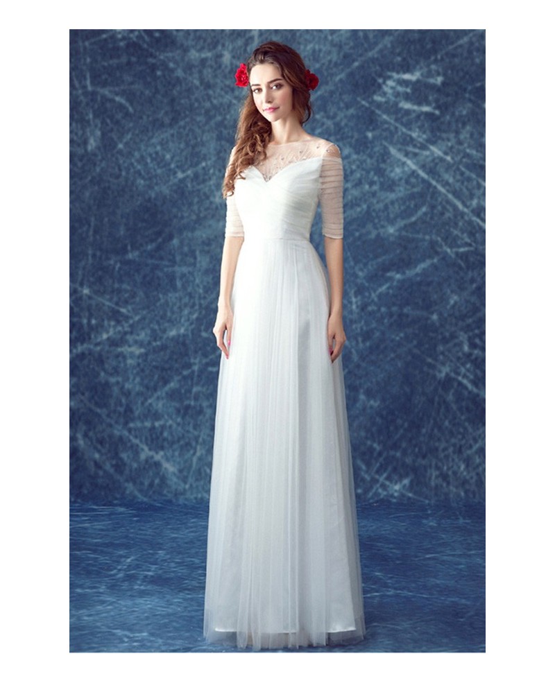 Simple A-line Scoop Neck Floor-length Tulle Wedding Dress With Beading