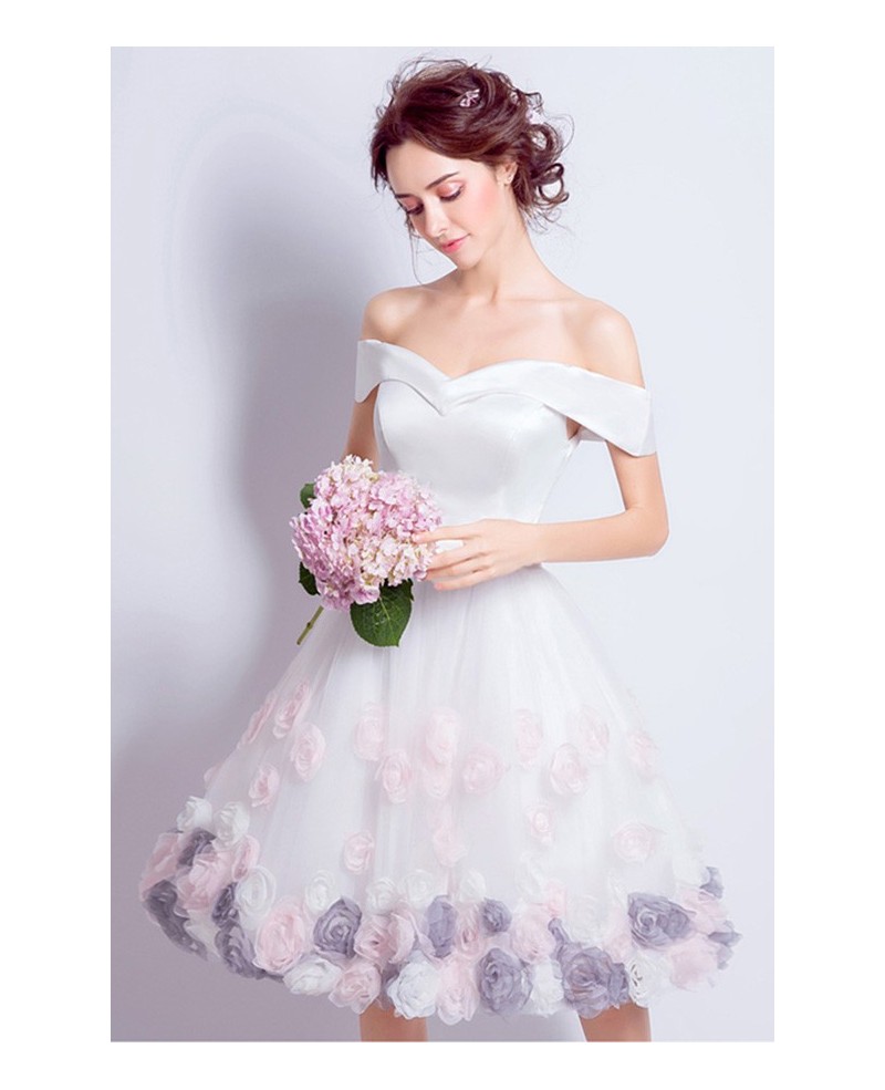 Lovely A-line Off-the-shoulder Knee-length Satin Wedding Dress With Flowers - Click Image to Close