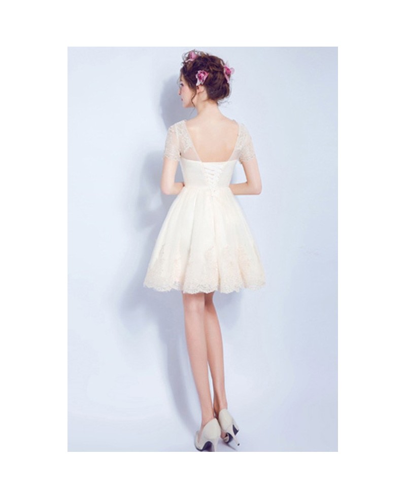 Champagne A-line High Neck Short Tulle Wedding Dress With Appliques Lace