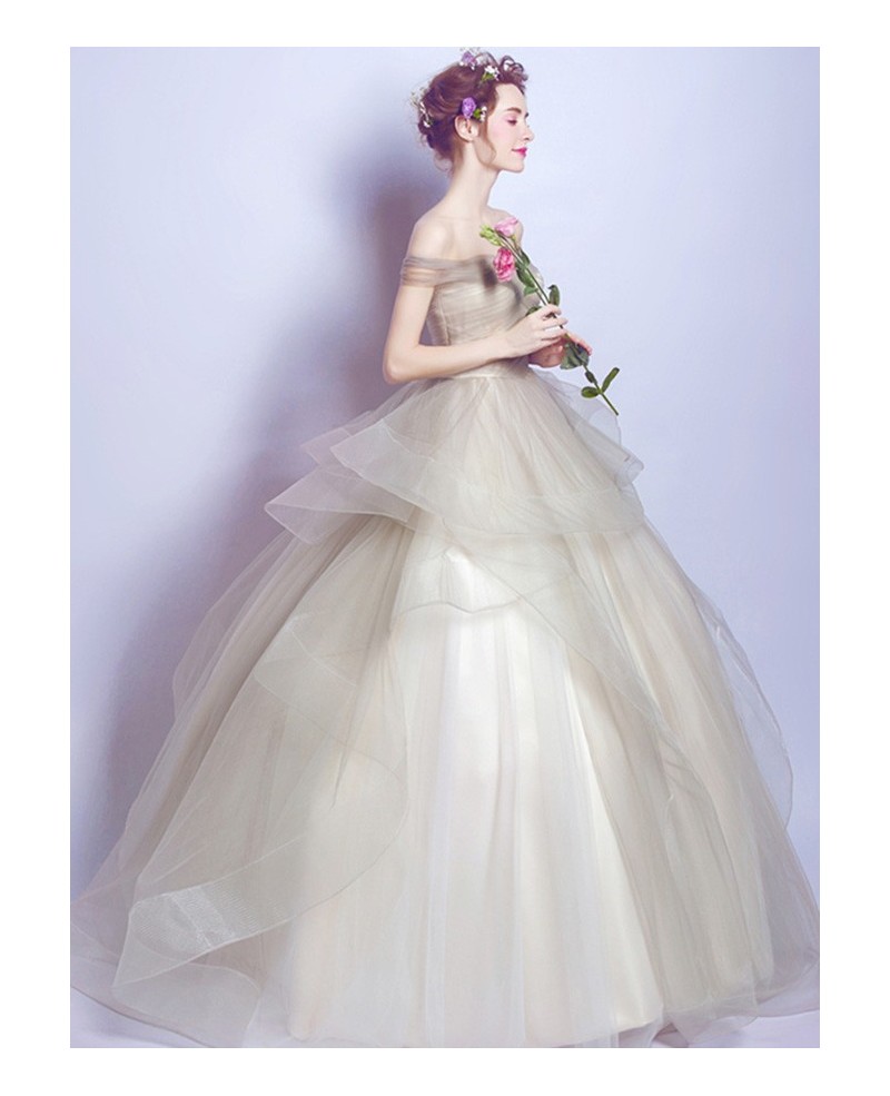 Champagne Ball-gown Off-the-shoulder Floor-length Tulle Wedding Dress