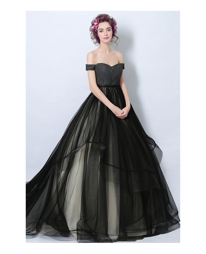 Black Ball-gown Off-the-shoulder Court Train Tulle Wedding Dress