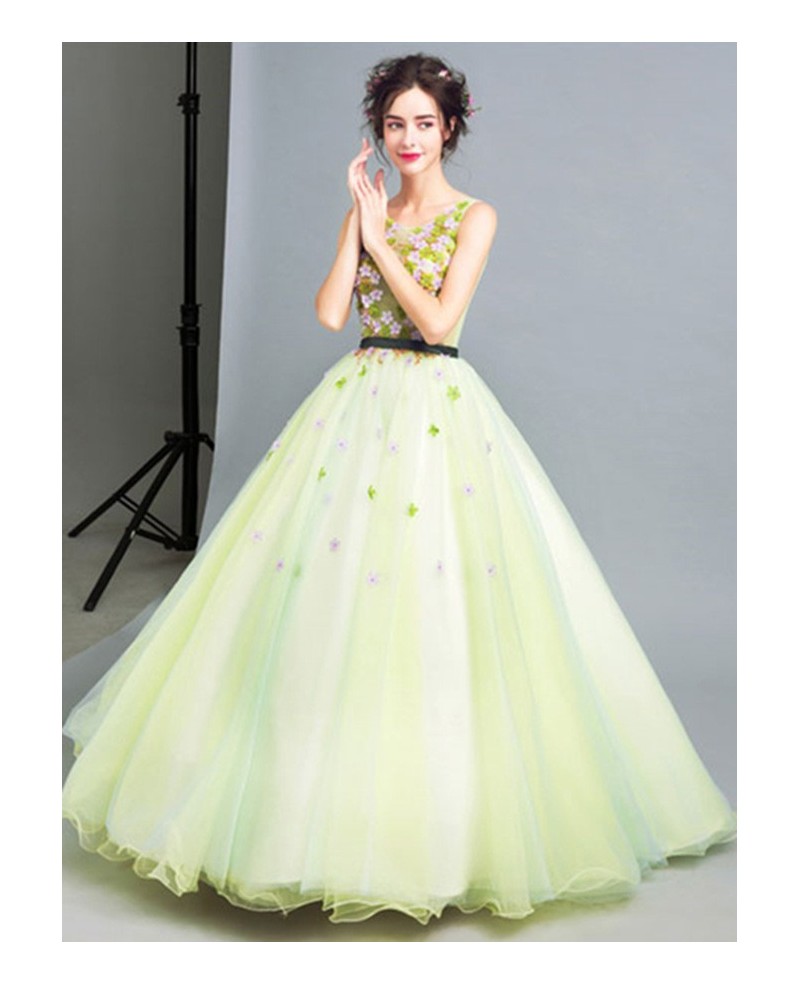 Green Ball-gown Scoop Neck Floor-length Tulle Wedding Dress With Flowers