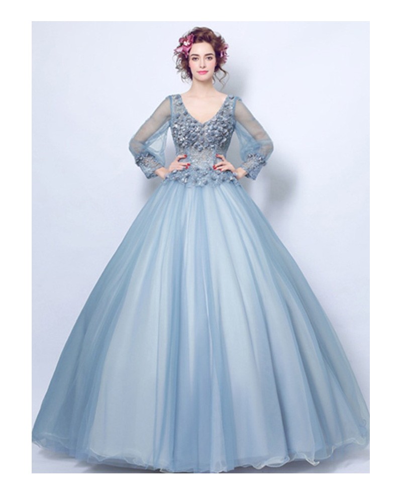 Dusty Blue Ball-gown V-neck Floor-length Tulle Wedding Dress With Long Sleeves