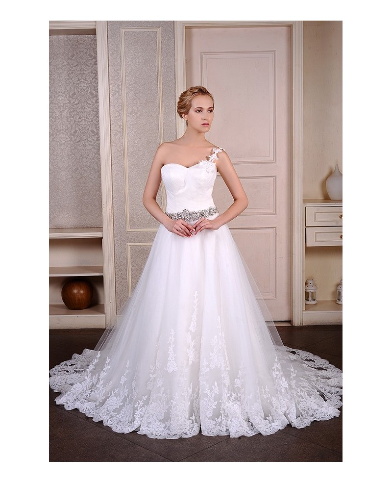 Ball-Gown One Shoulder Chapel Train Tulle Wedding Dress With Beading Appliques Lace - Click Image to Close