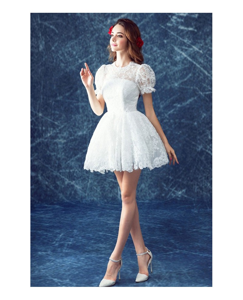 Cute Ball-gown High Neck Short Lace Wedding Dress With Short Sleeves