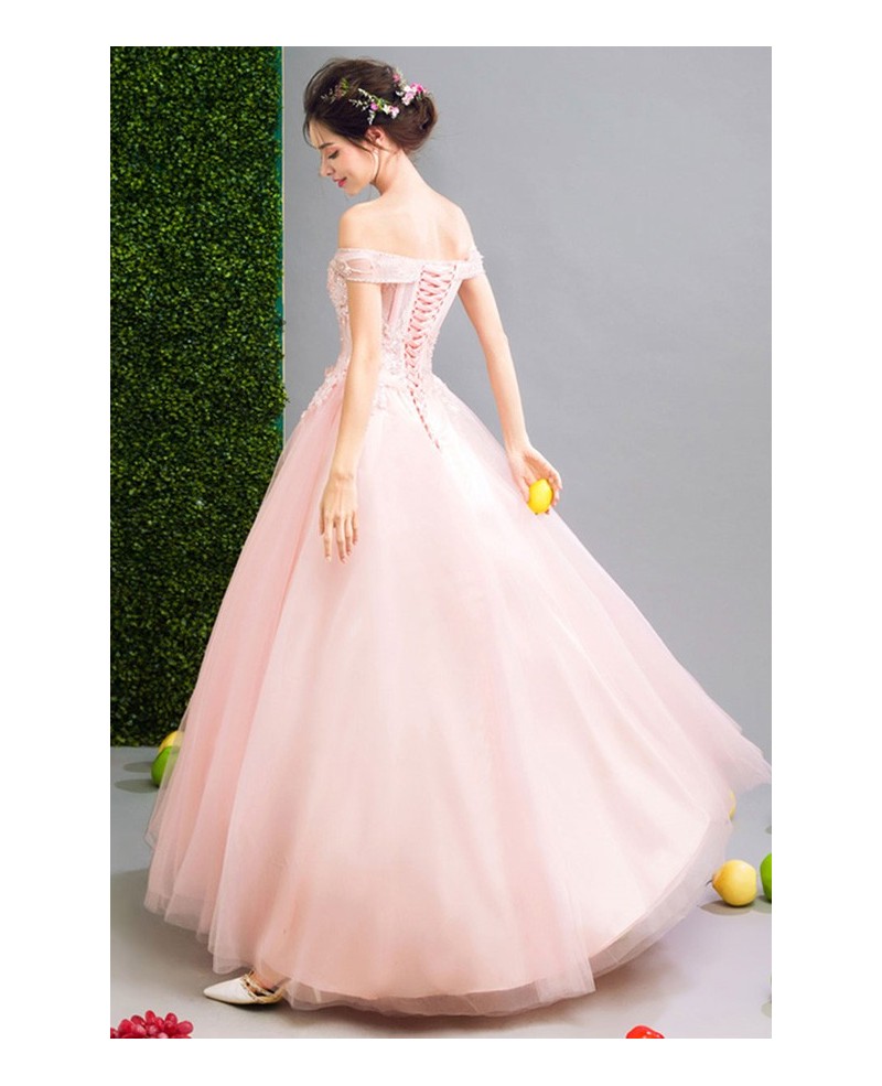 Pink Ball-gown Off-the-shoulder Floor-length Tulle Wedding Dress With Beading - Click Image to Close