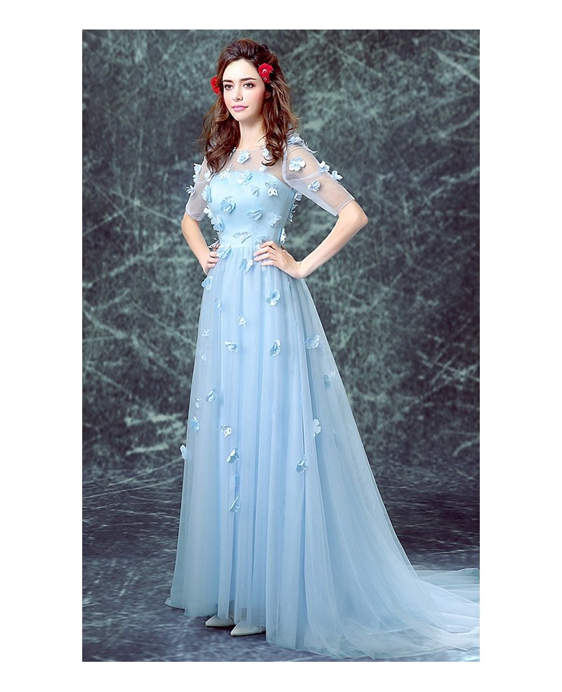 Blue A-line Scoop Neck Sweep Train Tulle Wedding Dress With Sleeves