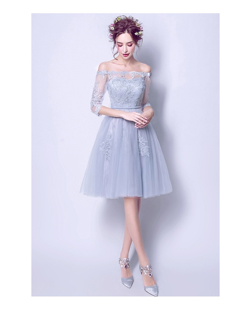 Grey A-line Off-the-shoulder Knee-length Tulle Wedding Dress With Appliques Lace