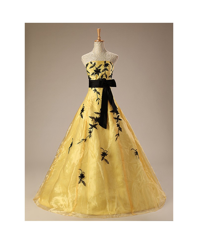 Black and Yellow Strapless Embroidered Wedding Dress with Sash