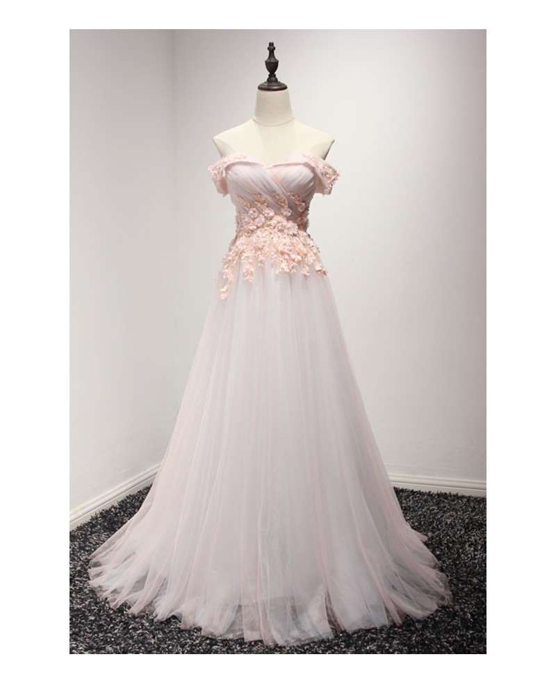Feminine Ball-gown Off-the-shoulder Floor-length Tulle Wedding Dress With Appliques Lace