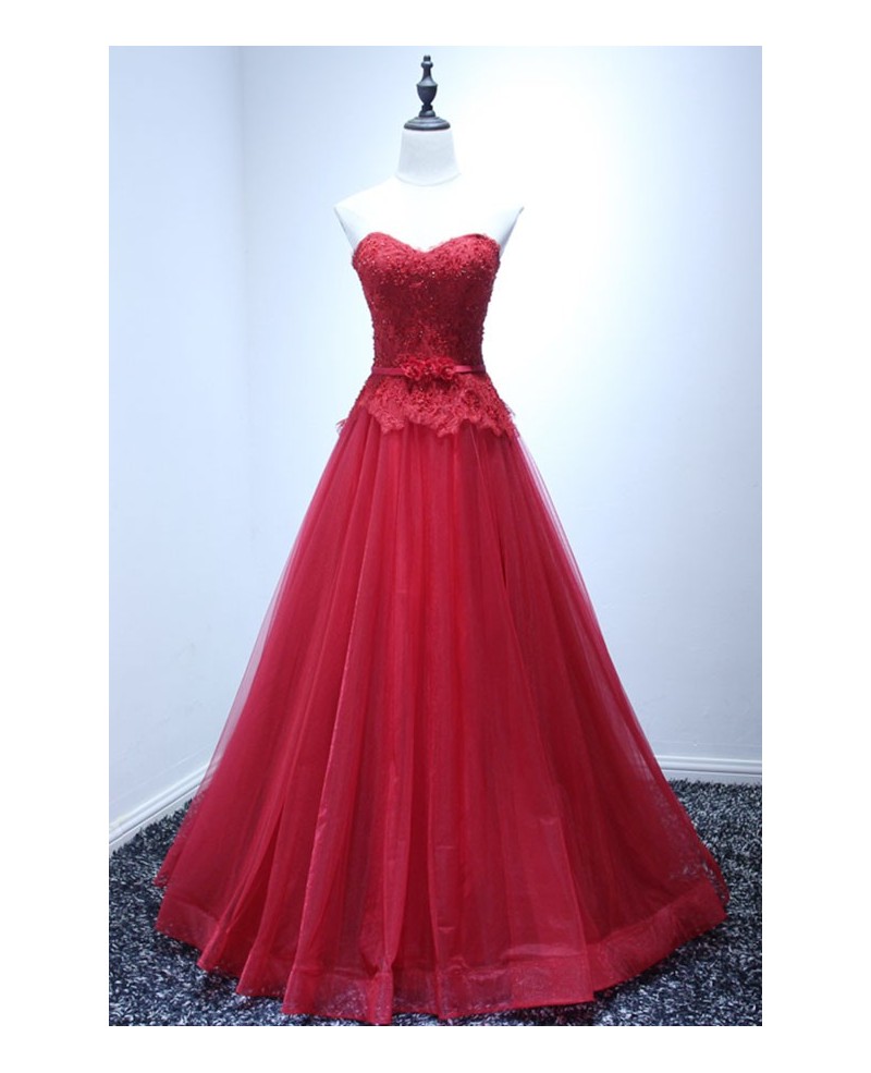 Red Ball-gown Sweetheart Floor-length Tulle Wedding Dress With Appliques Lace