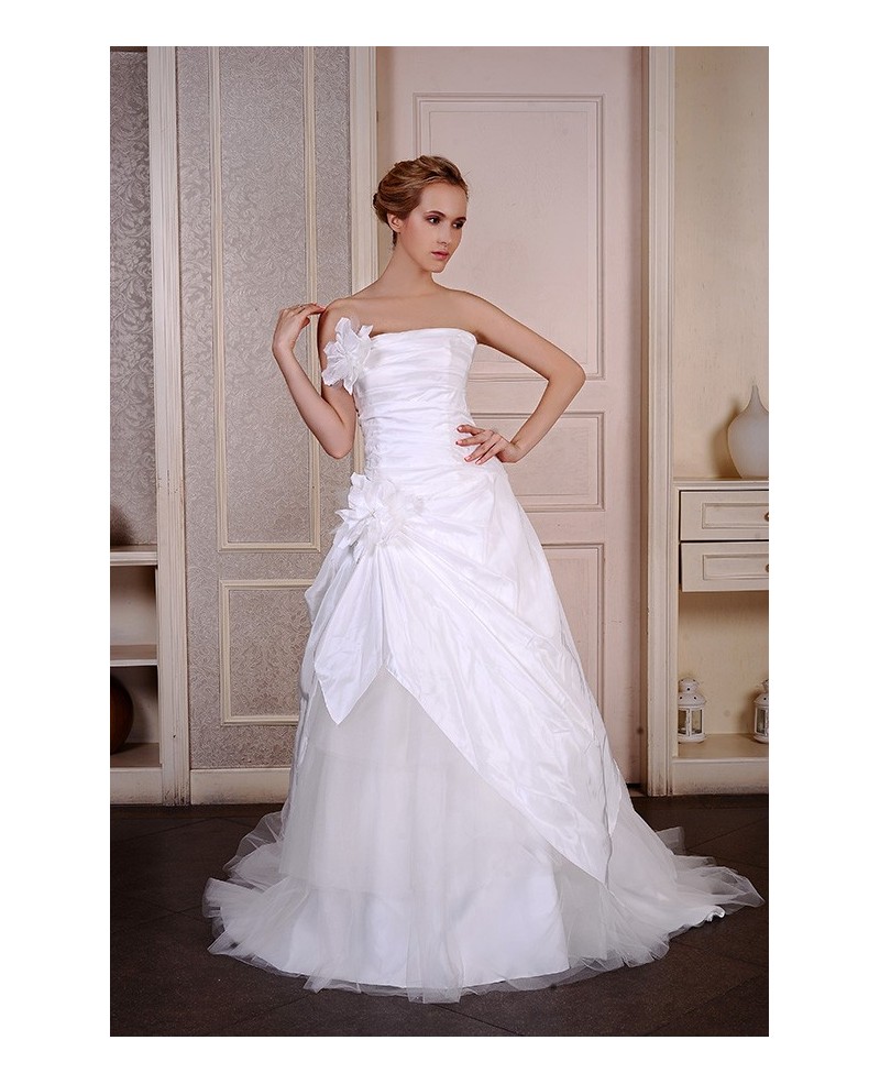 Ball-Gown Strapless Sweep Train Satin Tulle Wedding Dress With Flowers Pleated