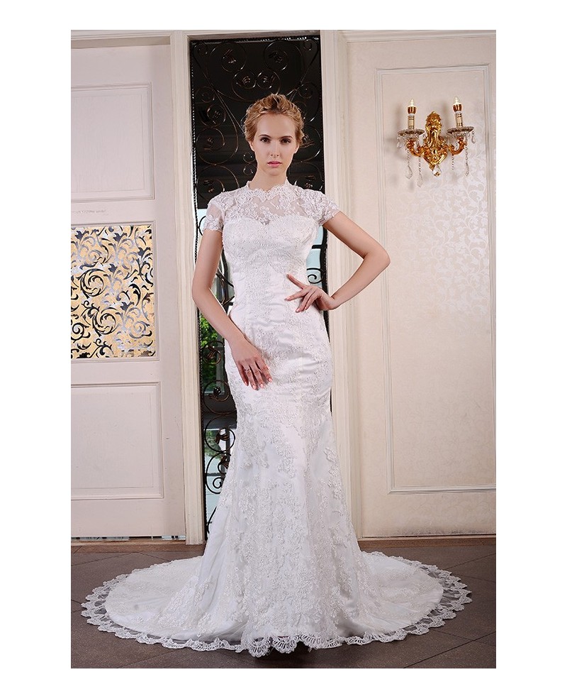 Mermaid Scoop Neck Court Train Lace Wedding Dress With Beading - Click Image to Close
