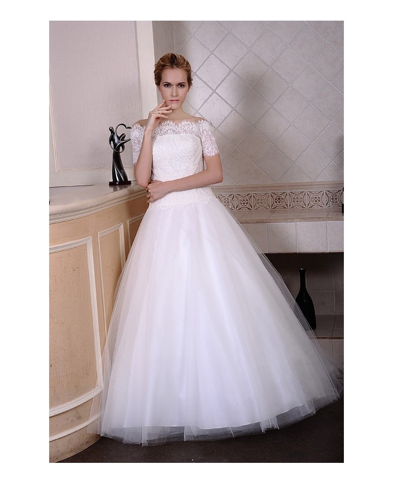 Ball-Gown Off-the-Shoulder Sweep Train Tulle Wedding Dress With Appliques Lace