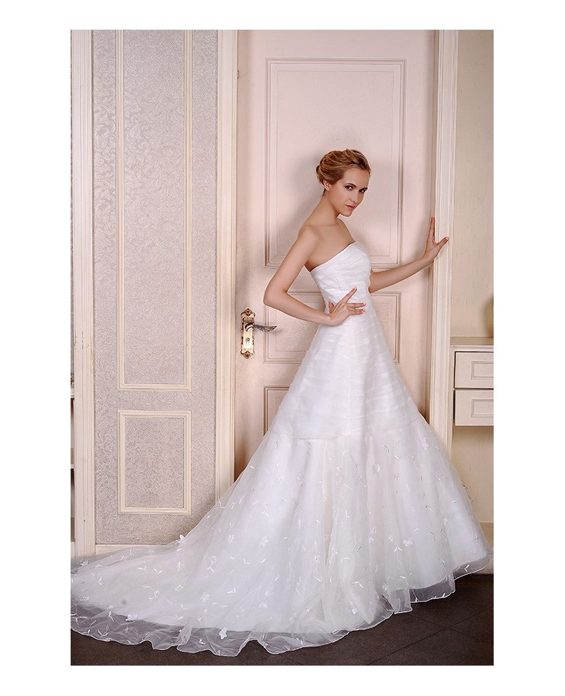 Ball-Gown Strapless Court Train Tulle Wedding Dress With Flowers Pleated - Click Image to Close