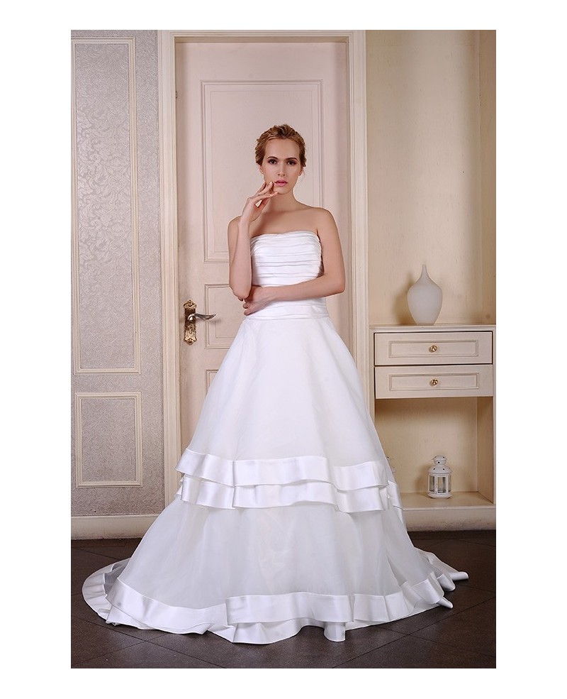 Ball-Gown Strapless Court Train Satin Organza Wedding Dress With Pleated Trim - Click Image to Close