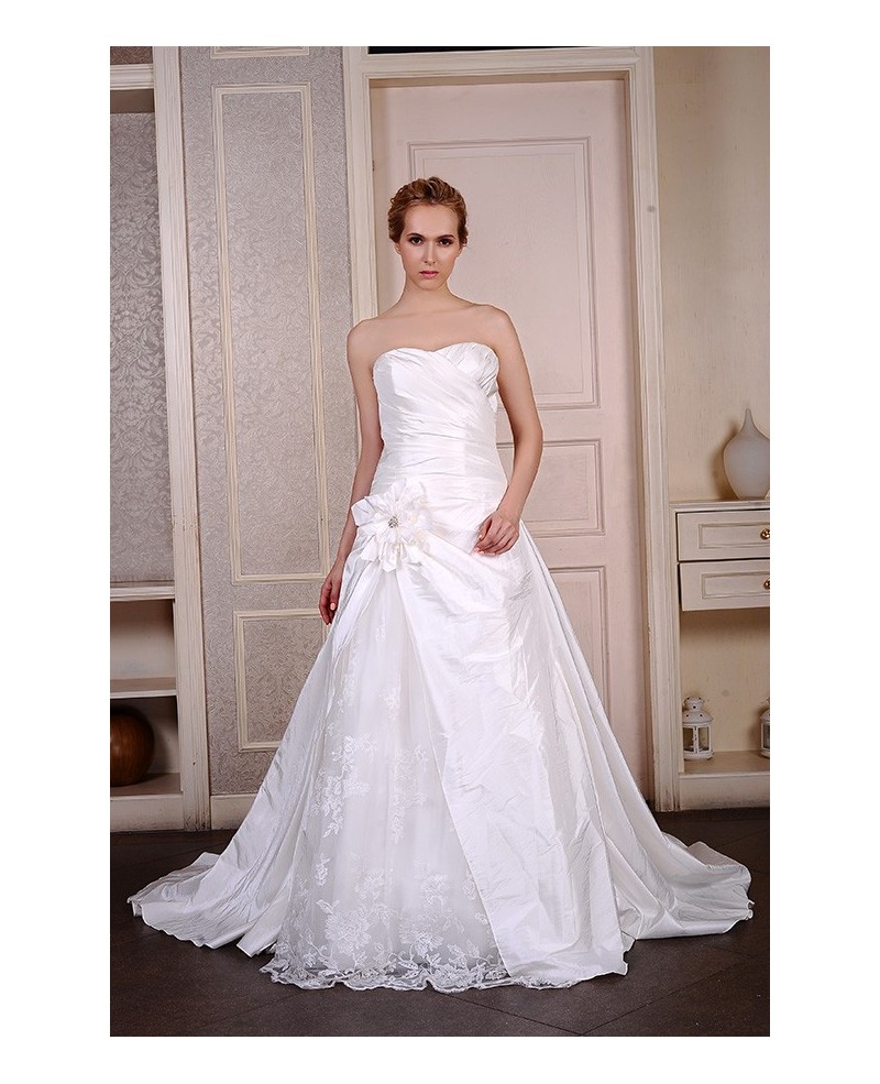 Ball-Gown Sweetheart Court Train Satin Tulle Wedding Dress With Appliques Lace Flowers