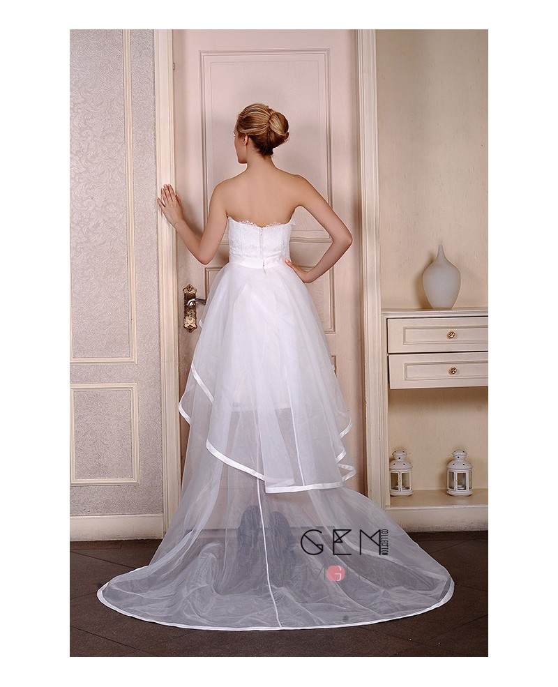 A-Line Strapless Asymmetrical Organza Wedding Dress With Appliques Lace Trim